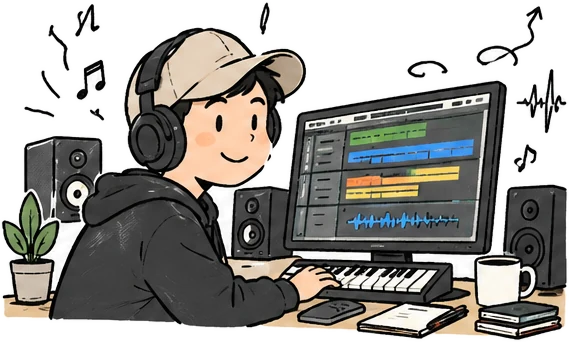 Ilustrasi produser musik di meja studio